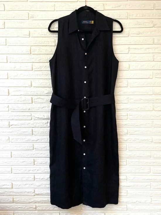 Polo Ralph Lauren Kingsley Black Linen Midi Shirtdress Sleeveless Pockets Sz 12 - Picture 3 of 14